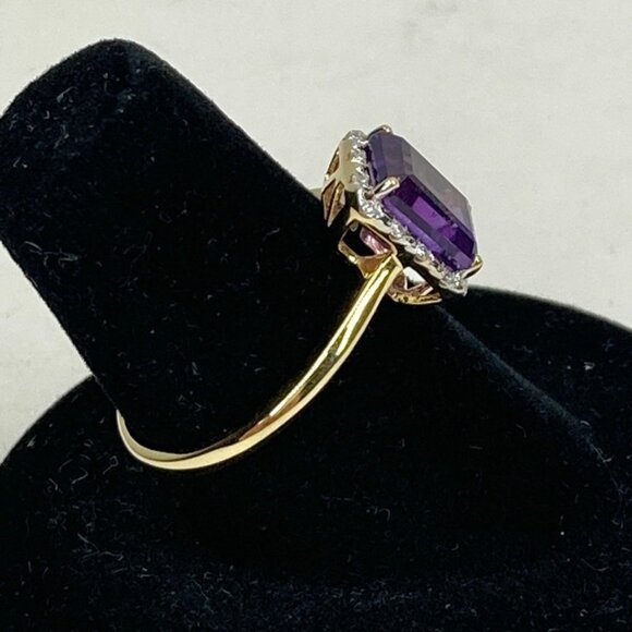 18K Solid Yellow Gold Amethyst with Diamond Halo Ring Size 6.75 - Picture 4 of 8